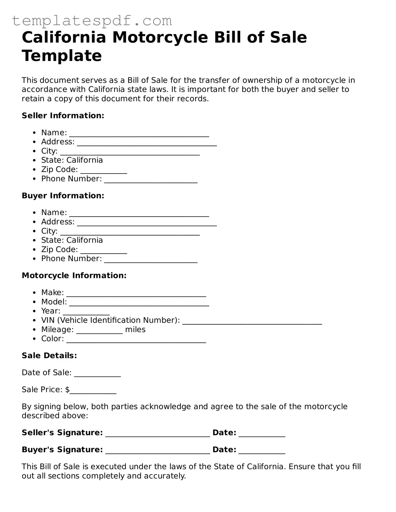 Official  Motorcycle Bill of Sale Form for California