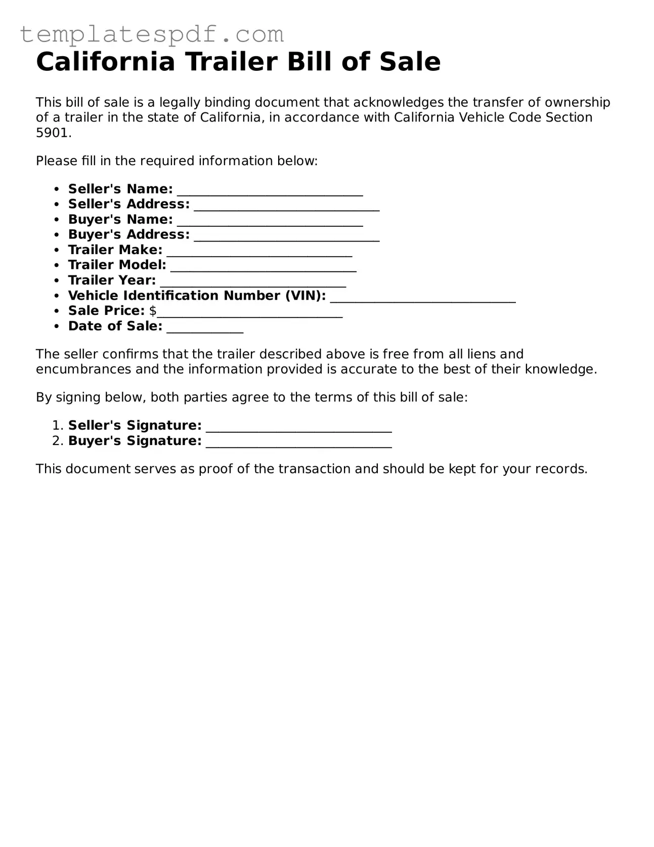 Official  Trailer Bill of Sale Form for California