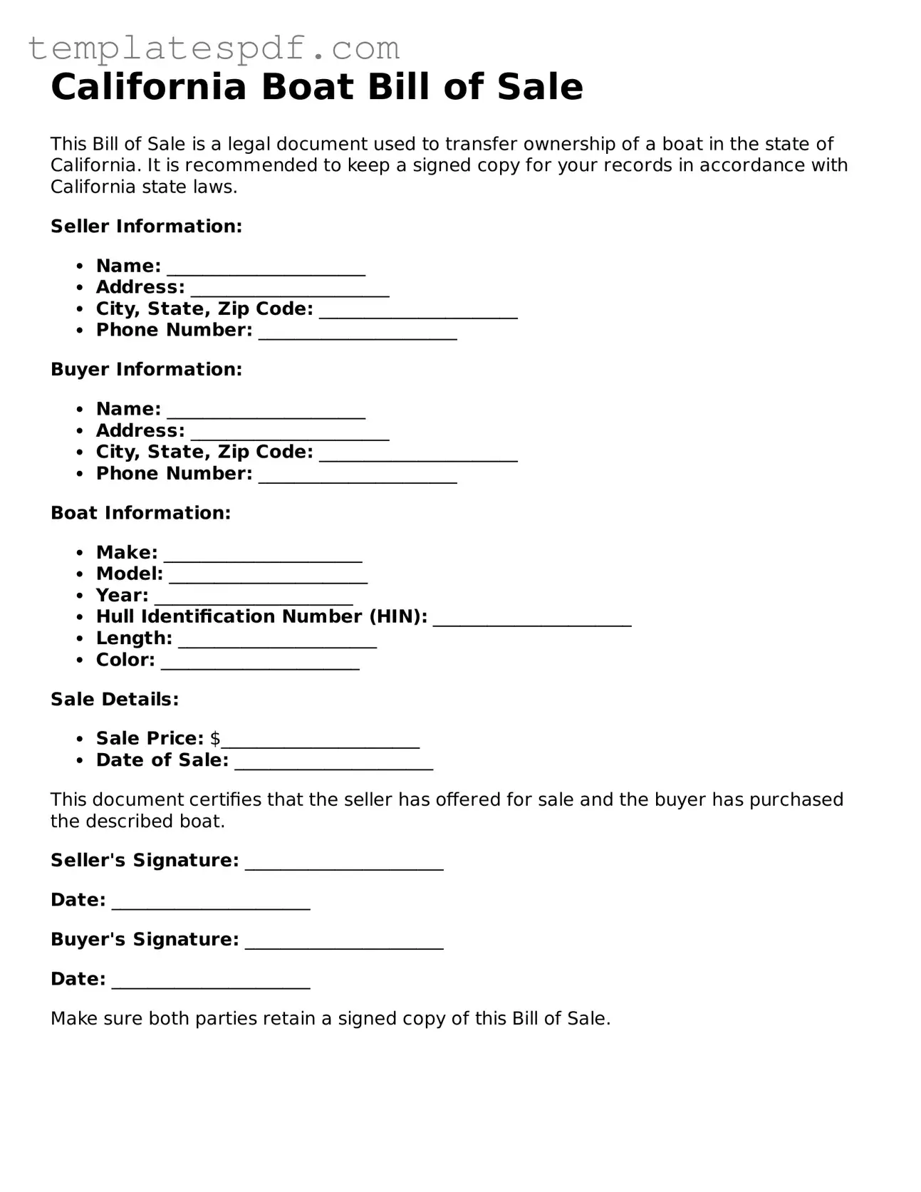 Official  Boat Bill of Sale Form for California