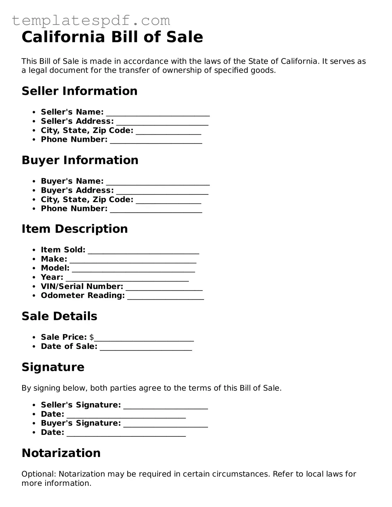 Official  Bill of Sale Form for California