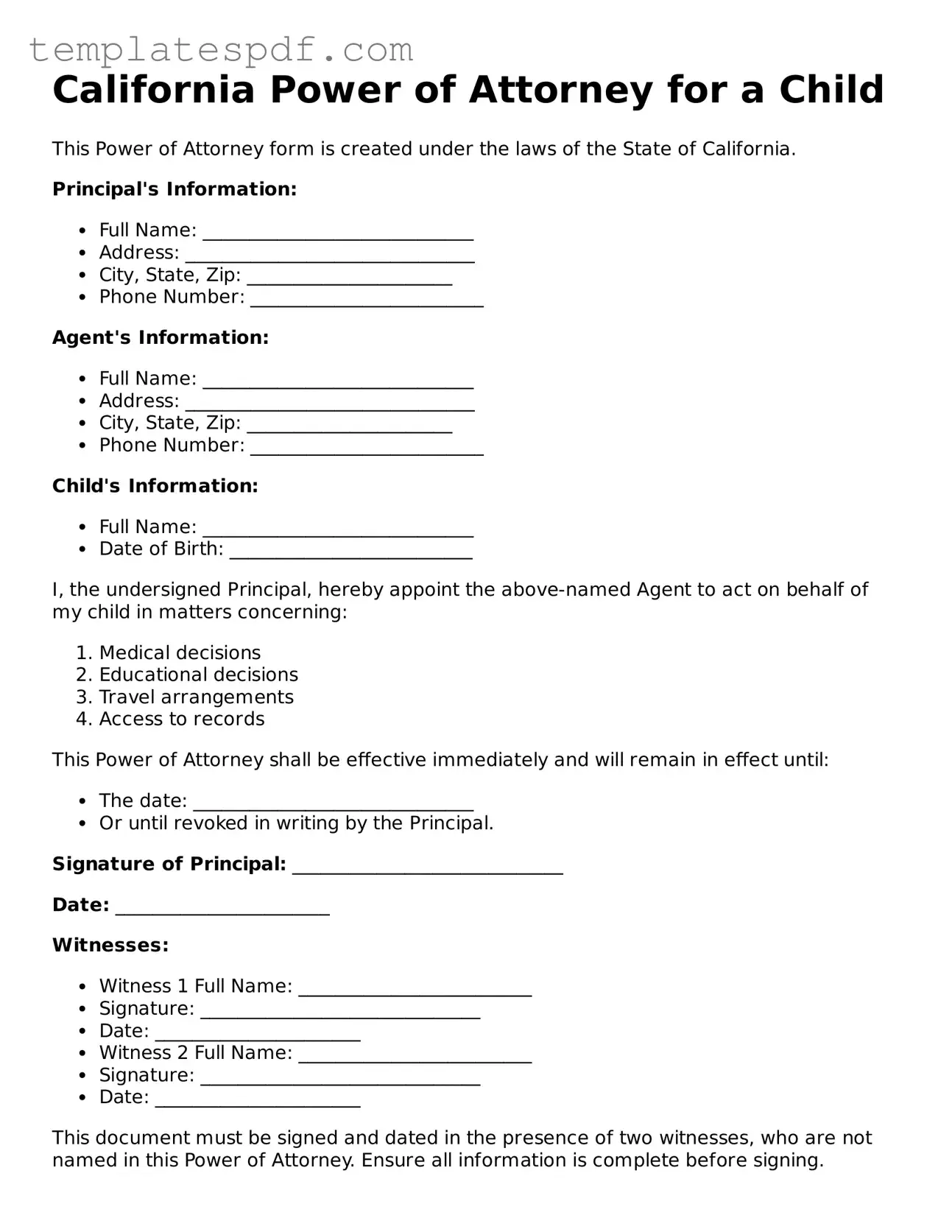 Official  Power of Attorney for a Child Form for California
