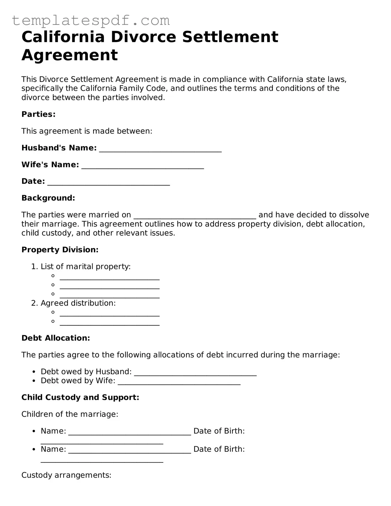 Official  Divorce Settlement Agreement Form for California