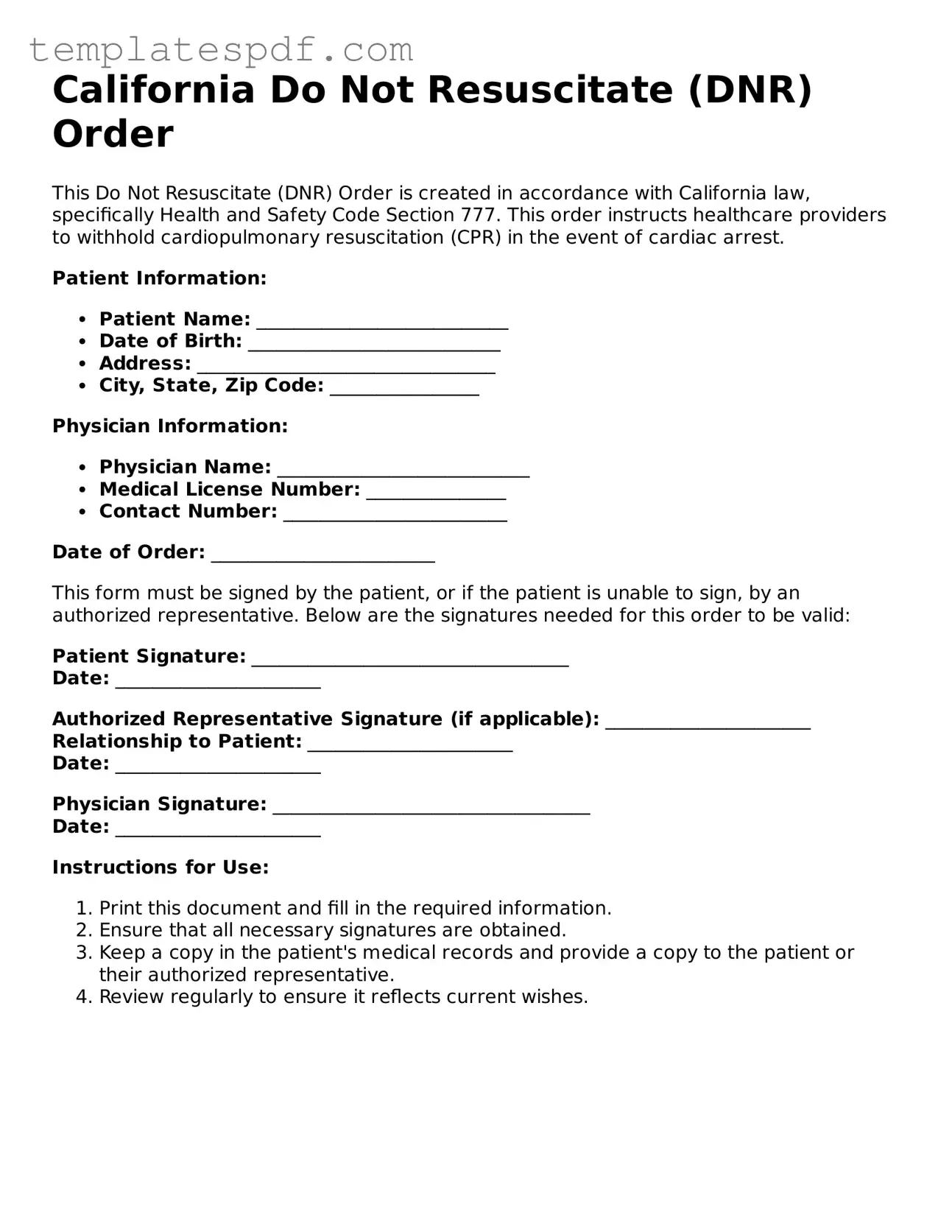 Official  Do Not Resuscitate Order Form for California