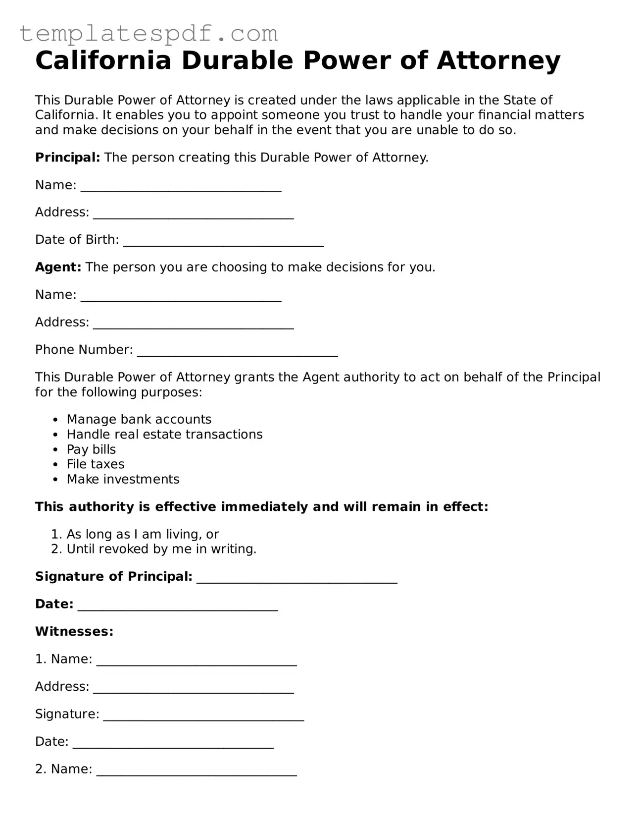Official  Durable Power of Attorney Form for California