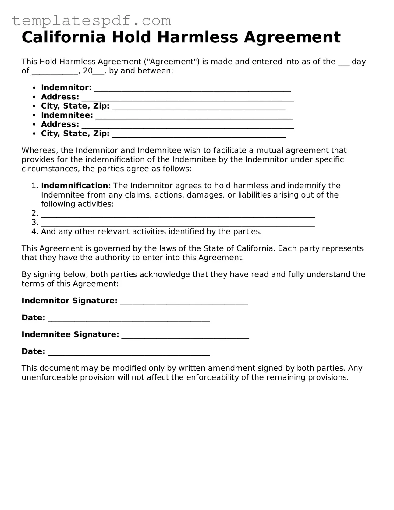 Official  Hold Harmless Agreement Form for California