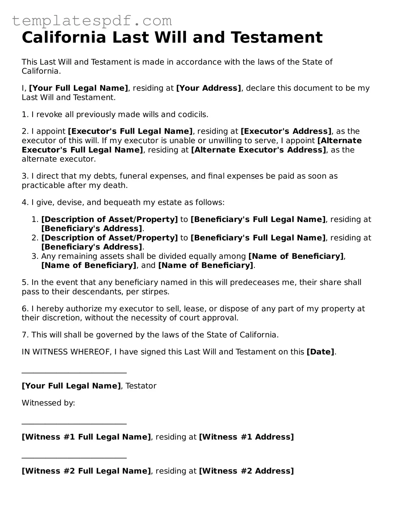 Official  Last Will and Testament Form for California