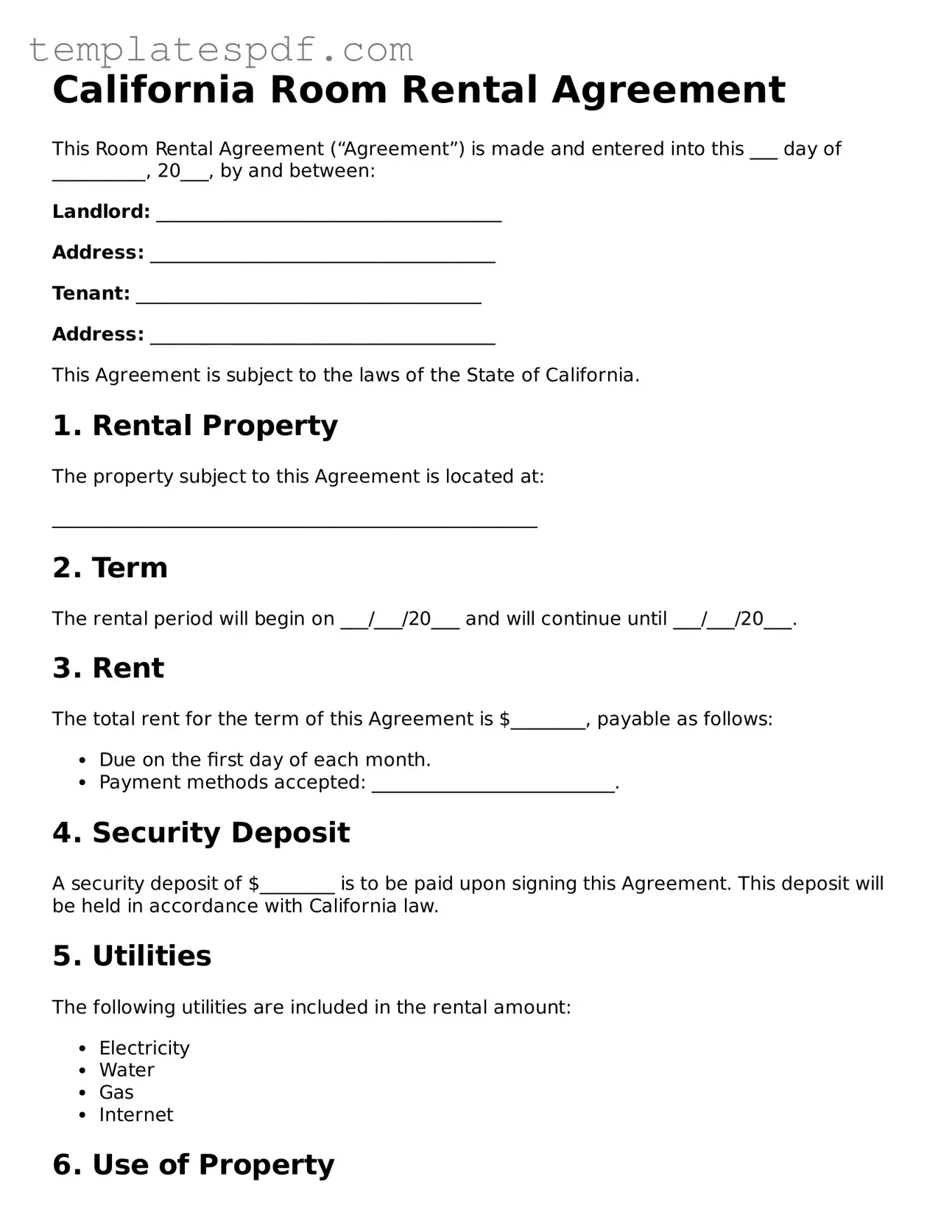 Official  Room Rental Agreement Form for California