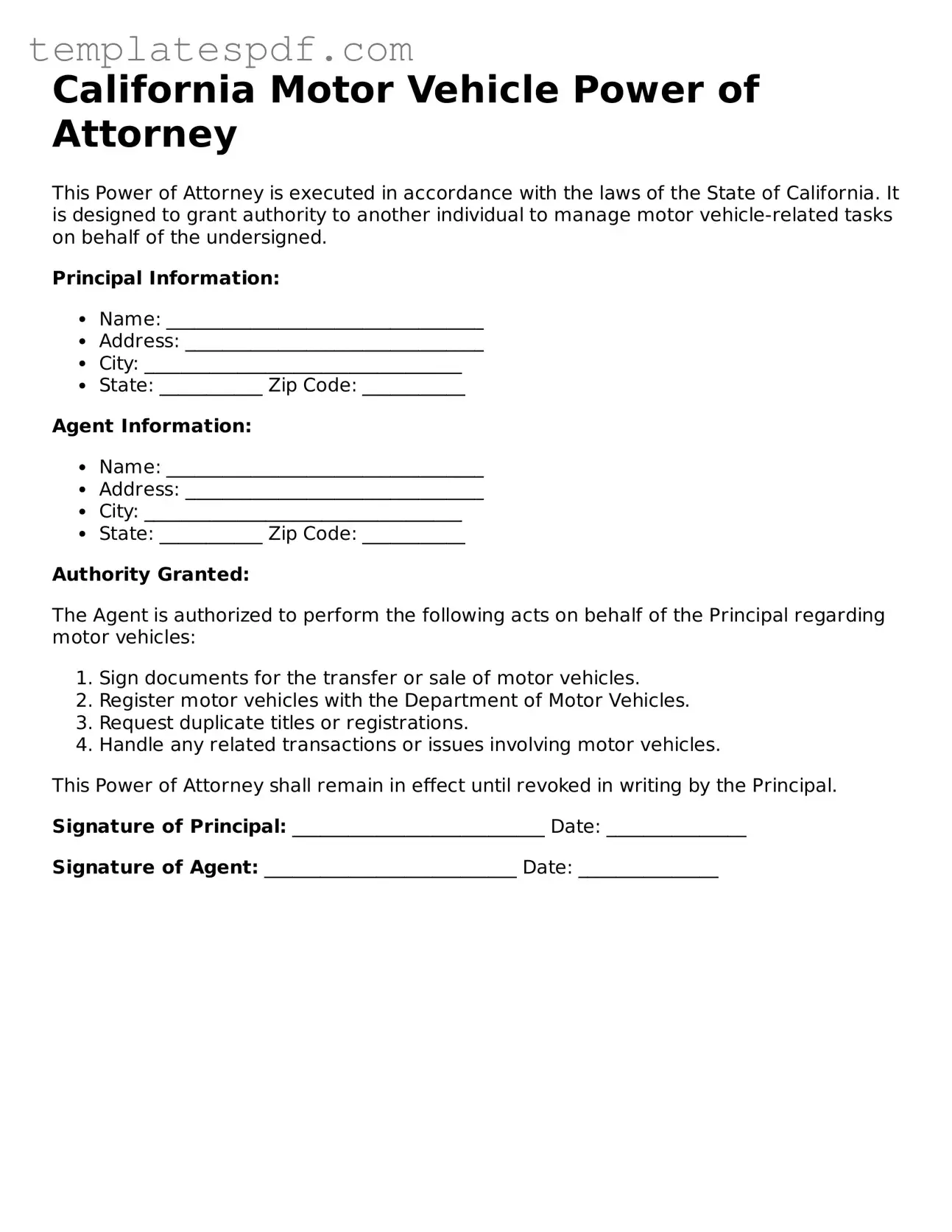 Official  Motor Vehicle Power of Attorney Form for California