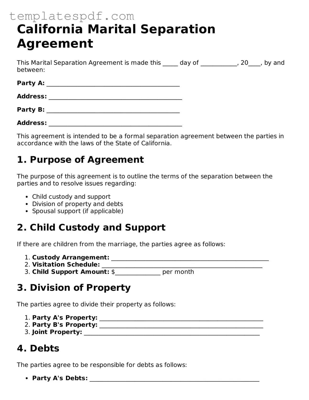 Official  Marital Separation Agreement Form for California
