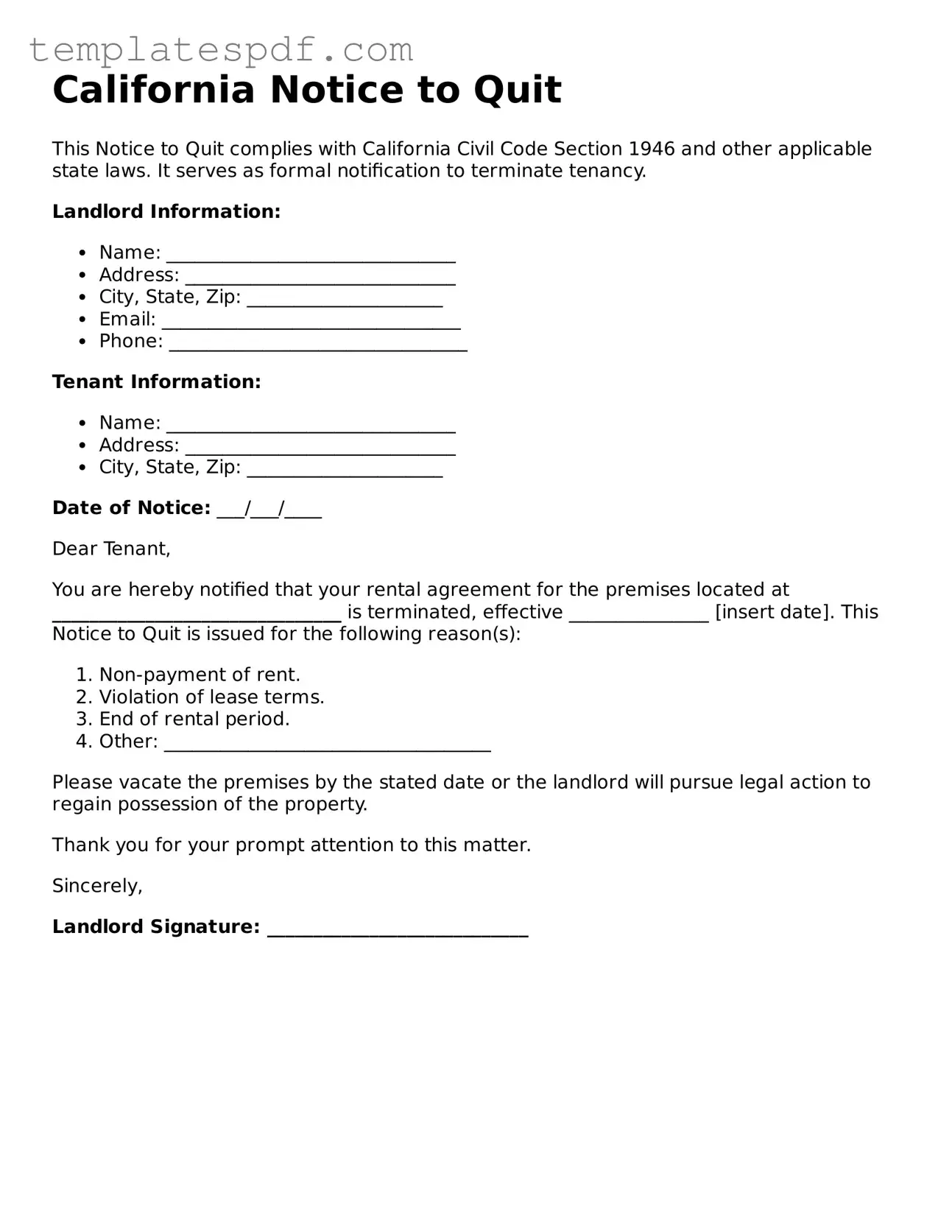 Official  Notice to Quit Form for California