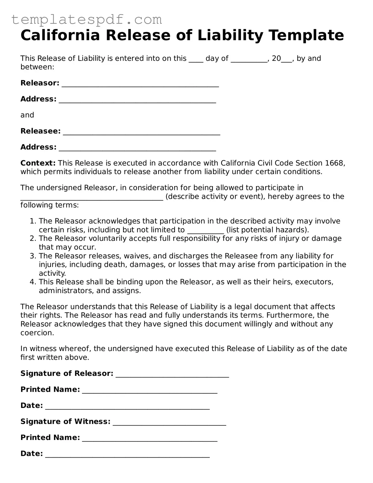 Official  Release of Liability Form for California
