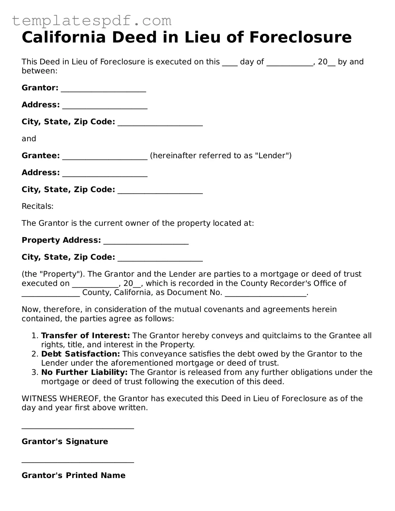 Official  Deed in Lieu of Foreclosure Form for California