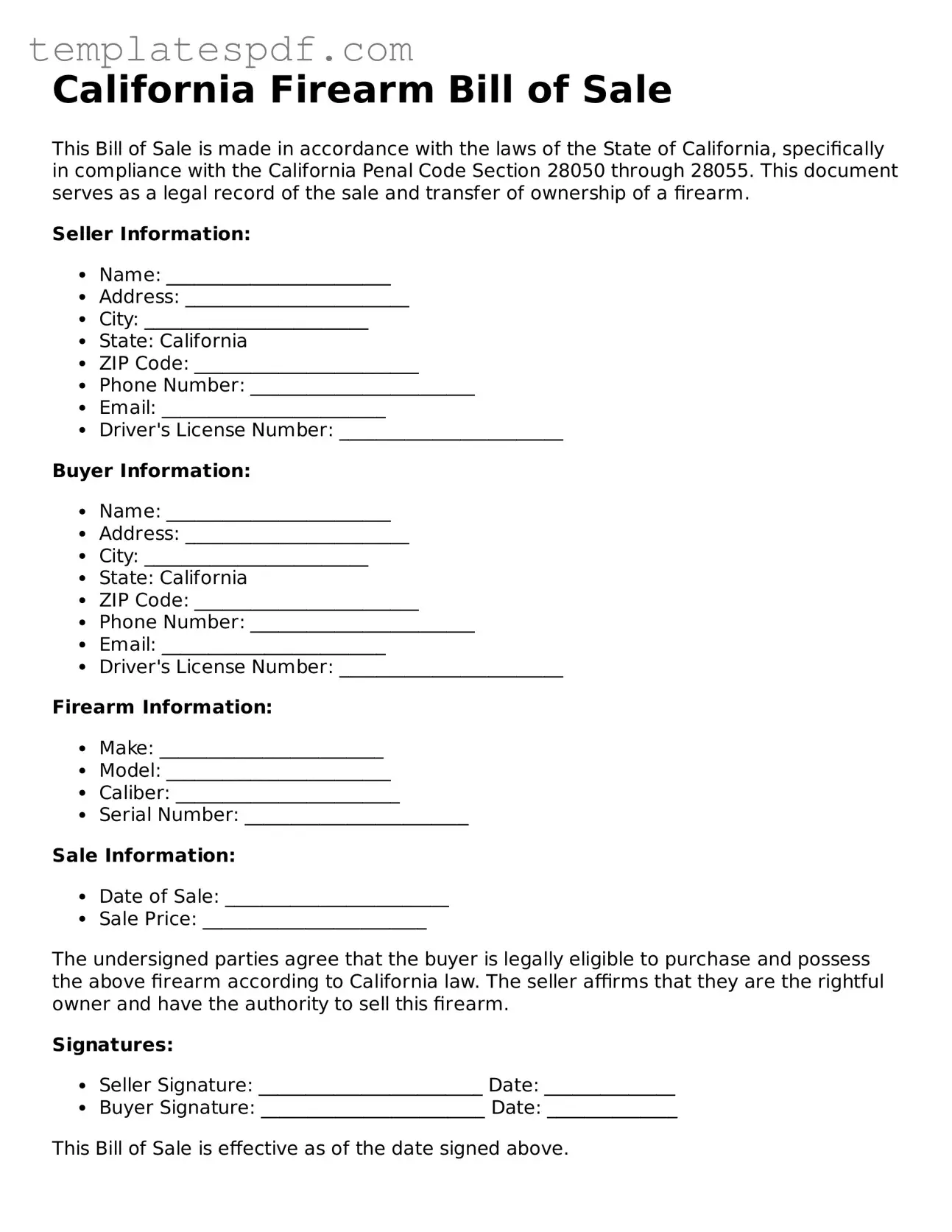 Official  Firearm Bill of Sale Form for California