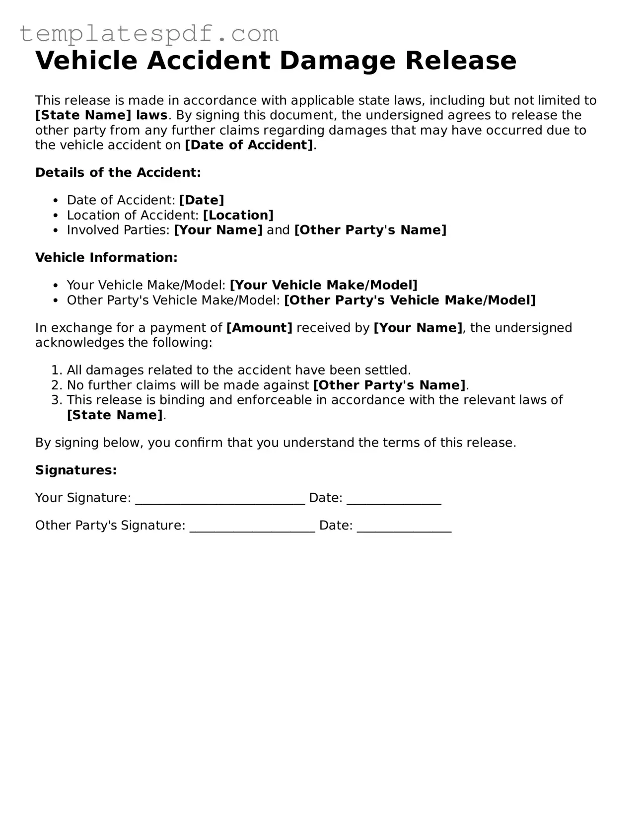 Printable Vehicle Accident Damage Release Form
