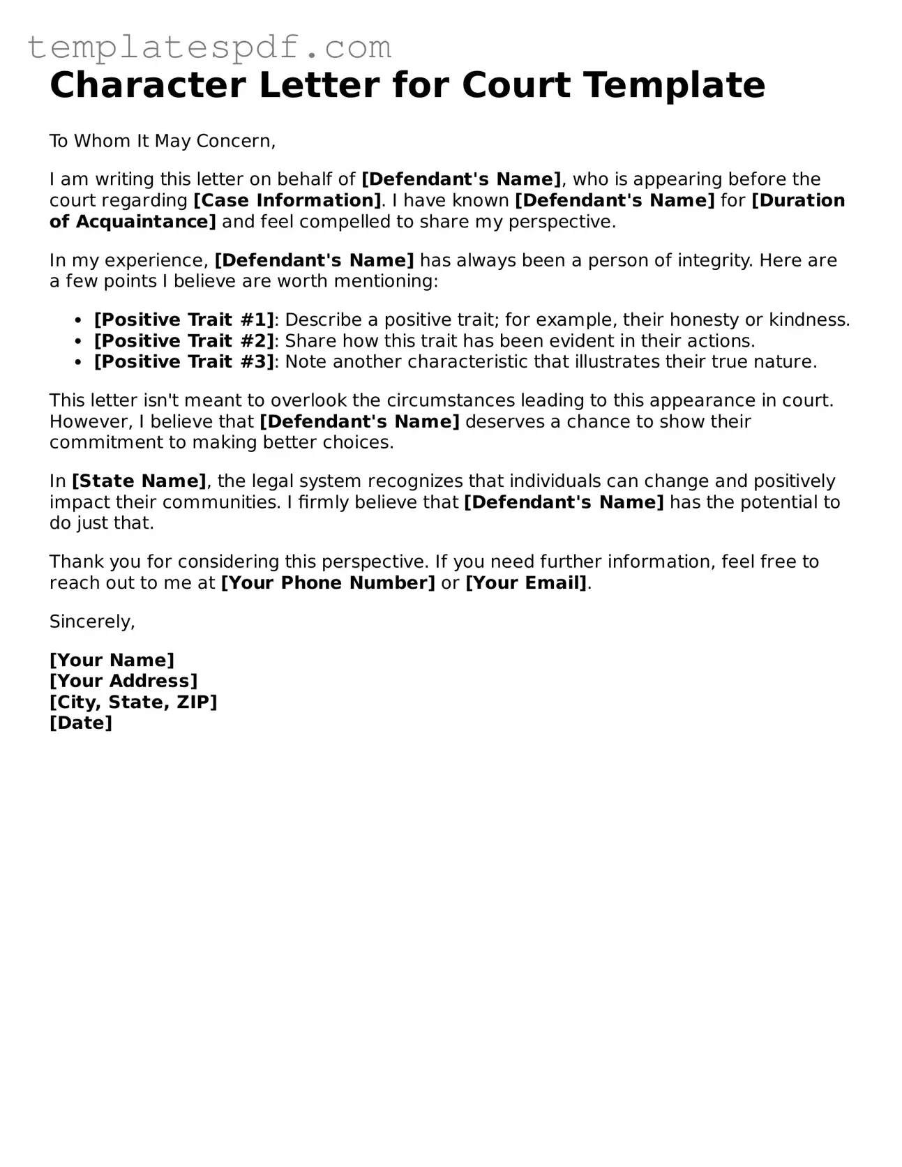 Printable Character Letter for Court Form