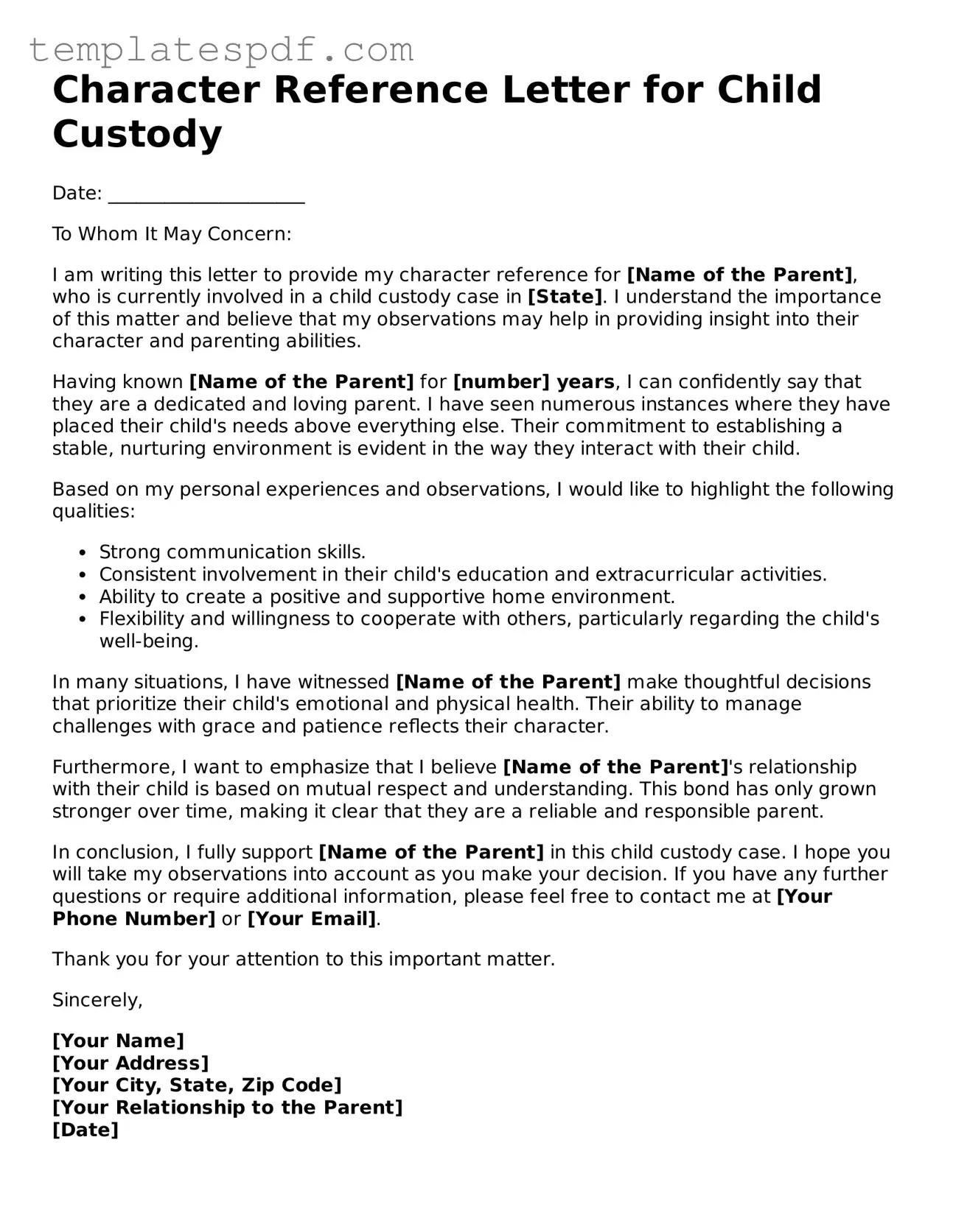 Printable Character Reference Letter for Child Custody Form