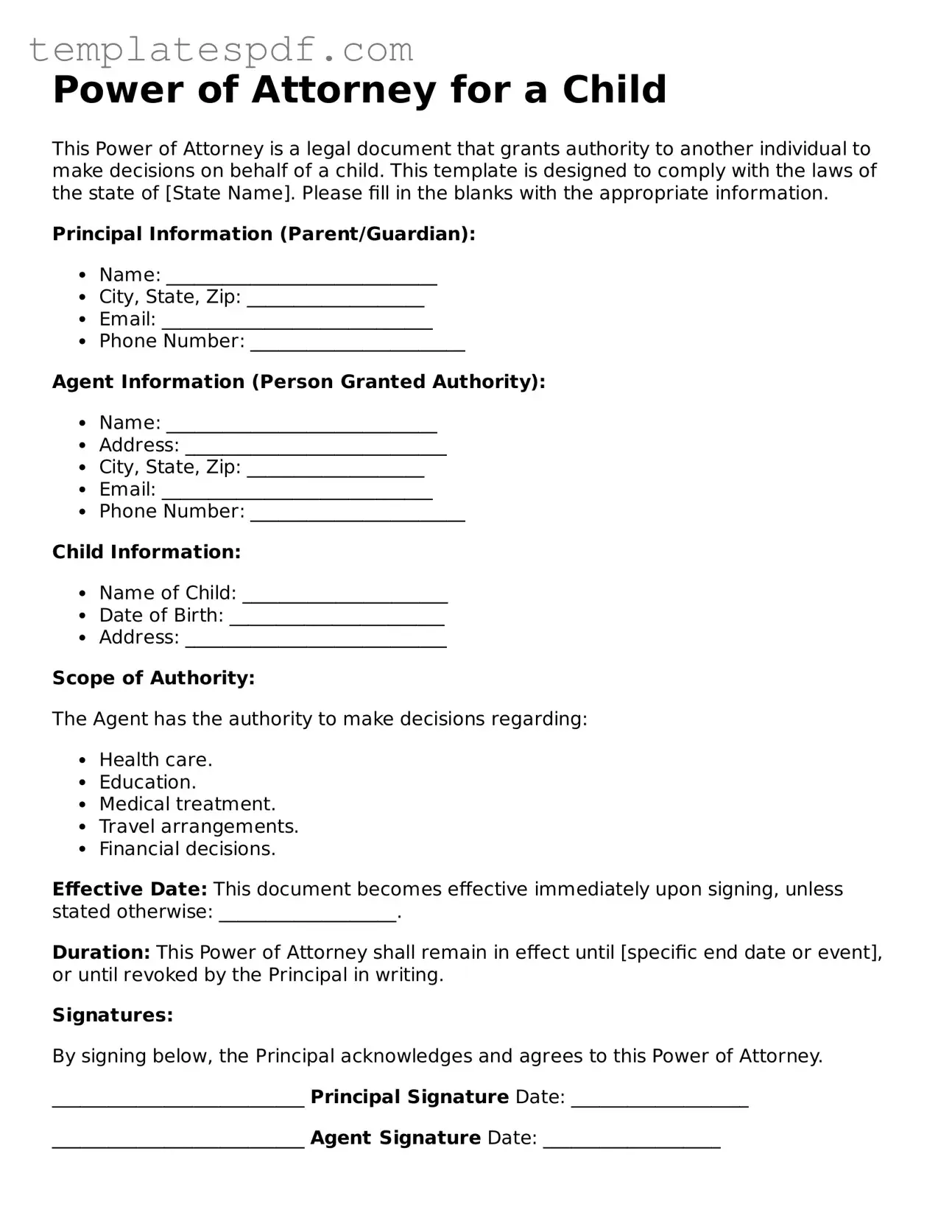 Printable Power of Attorney for a Child Form