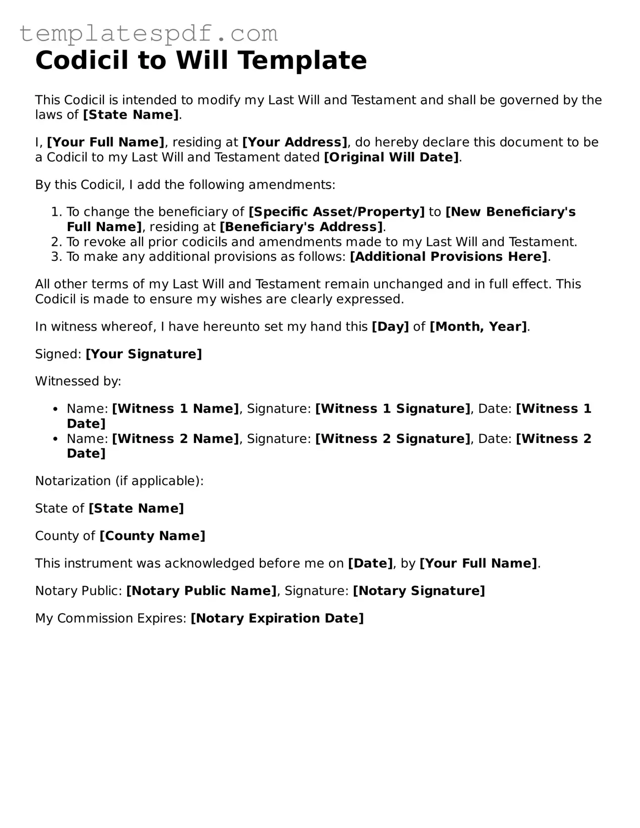 Printable Codicil to Will Form