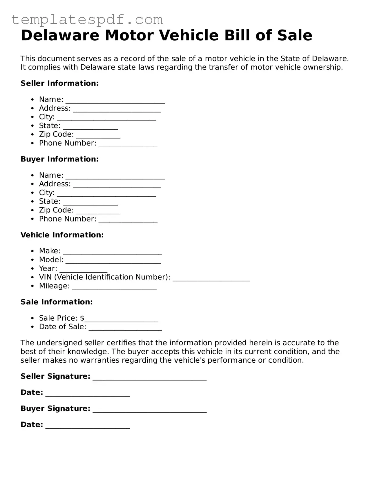 Official  Motor Vehicle Bill of Sale Form for Delaware