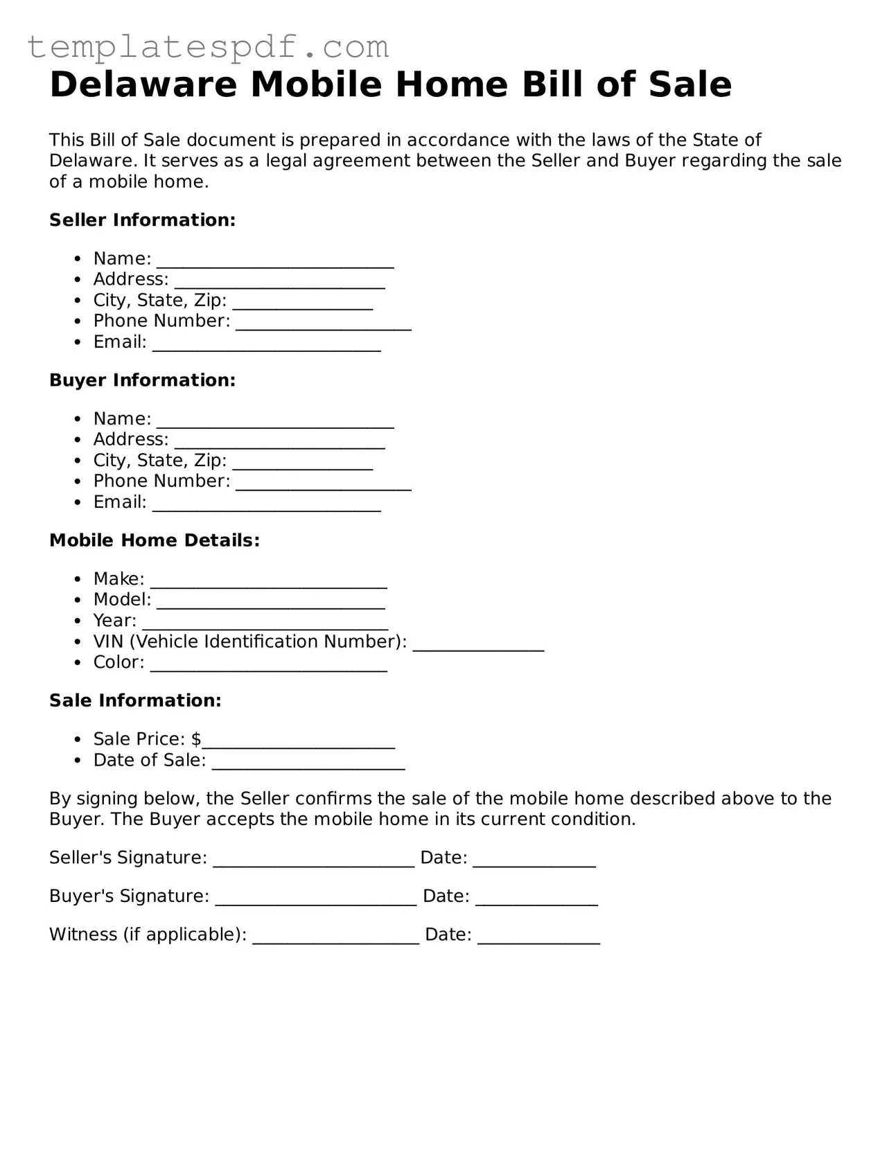 Official  Mobile Home Bill of Sale Form for Delaware