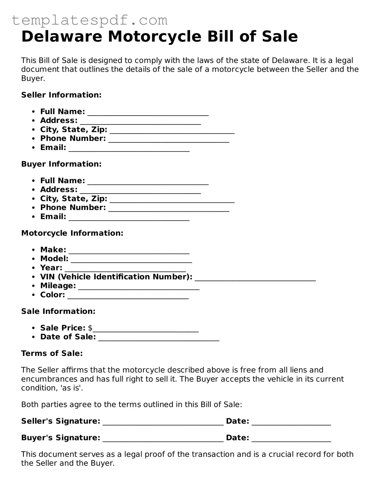 Official  Motorcycle Bill of Sale Form for Delaware