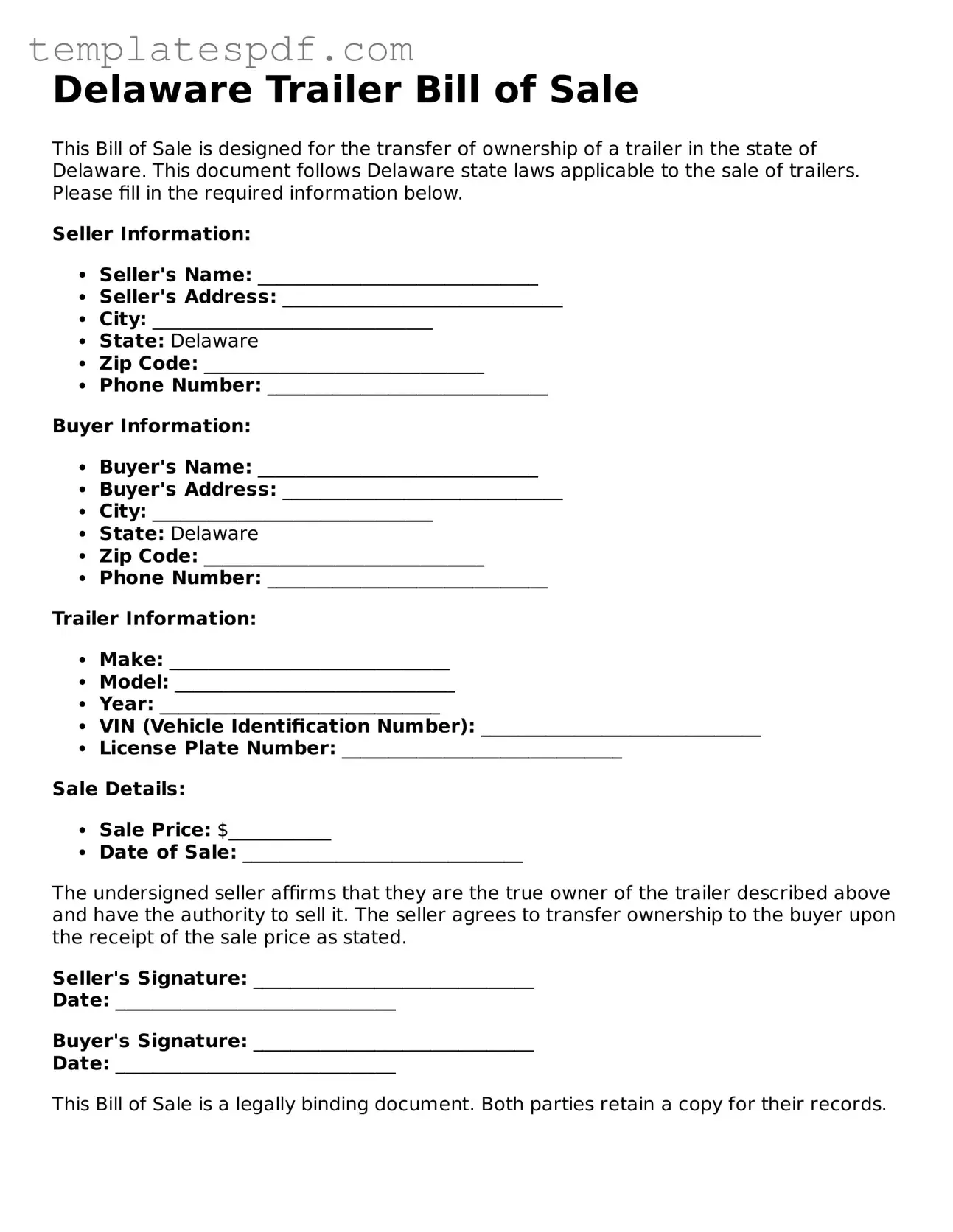 Official  Trailer Bill of Sale Form for Delaware