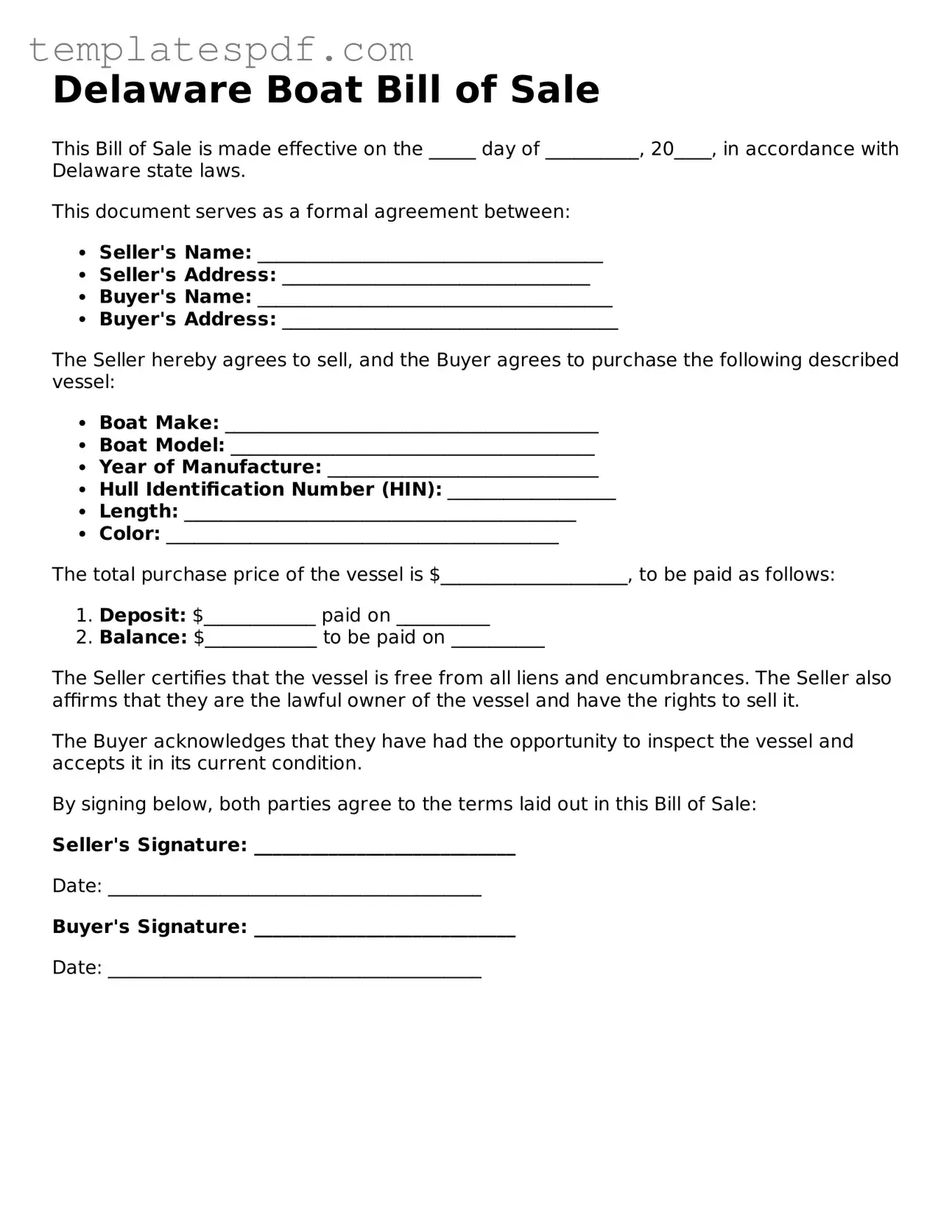 Official  Boat Bill of Sale Form for Delaware