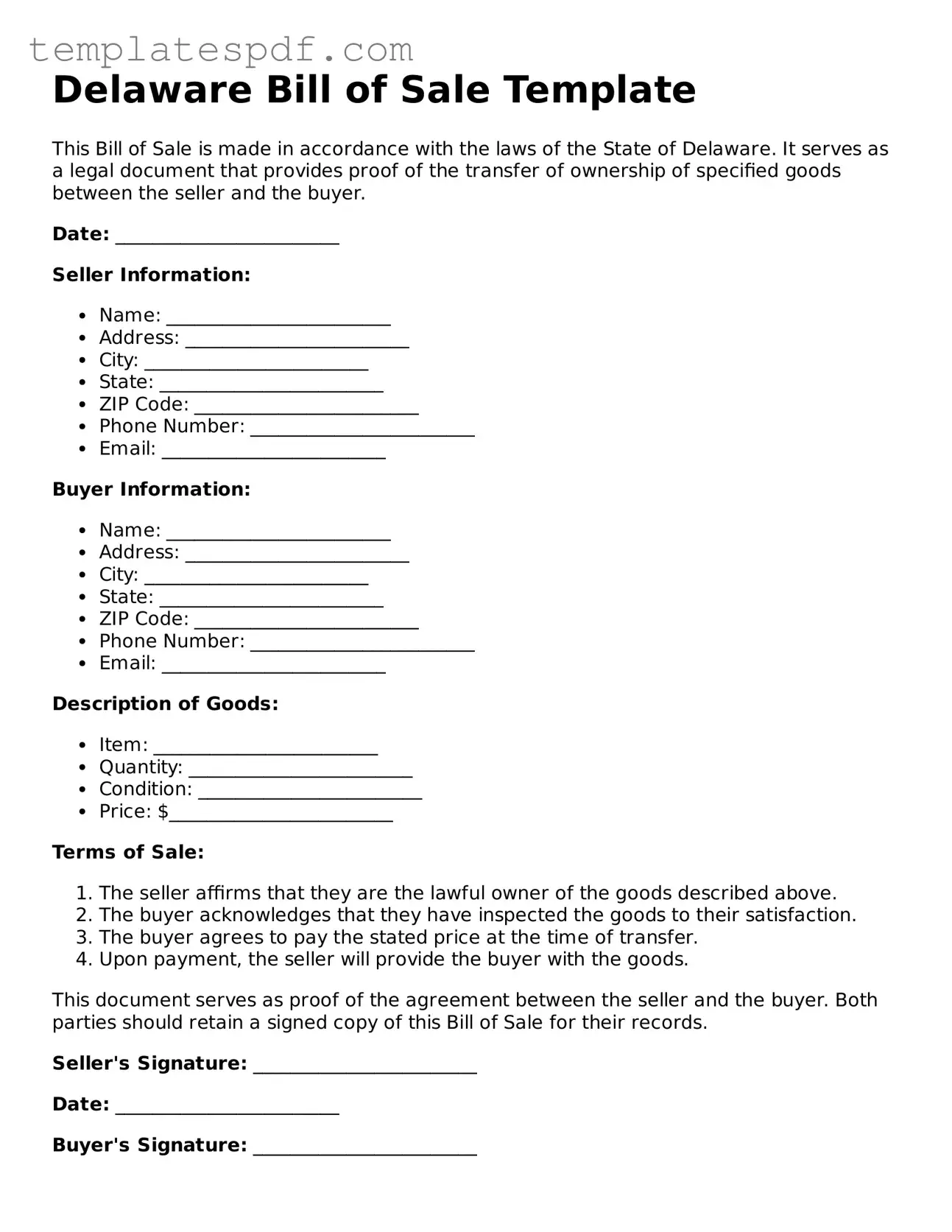 Official  Bill of Sale Form for Delaware