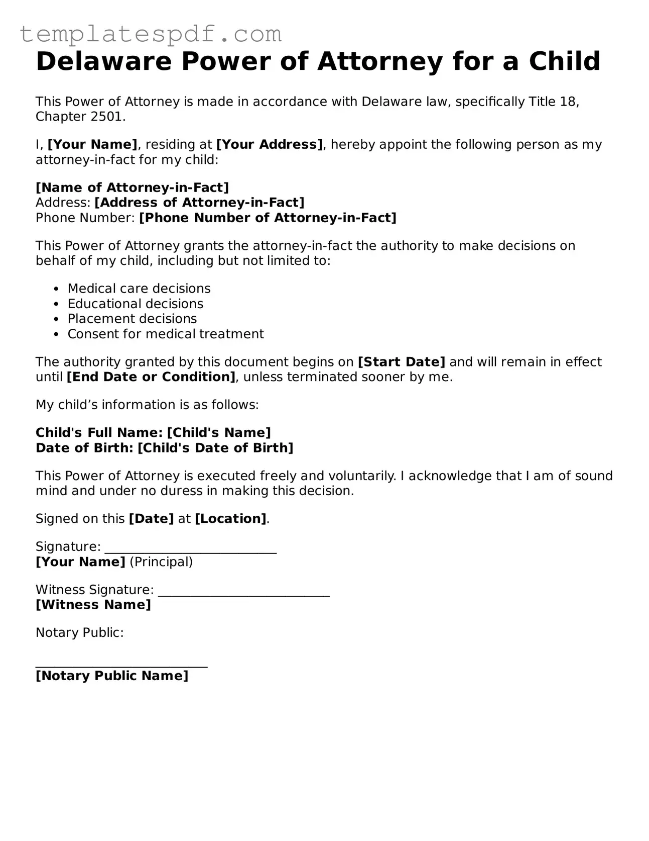 Official  Power of Attorney for a Child Form for Delaware