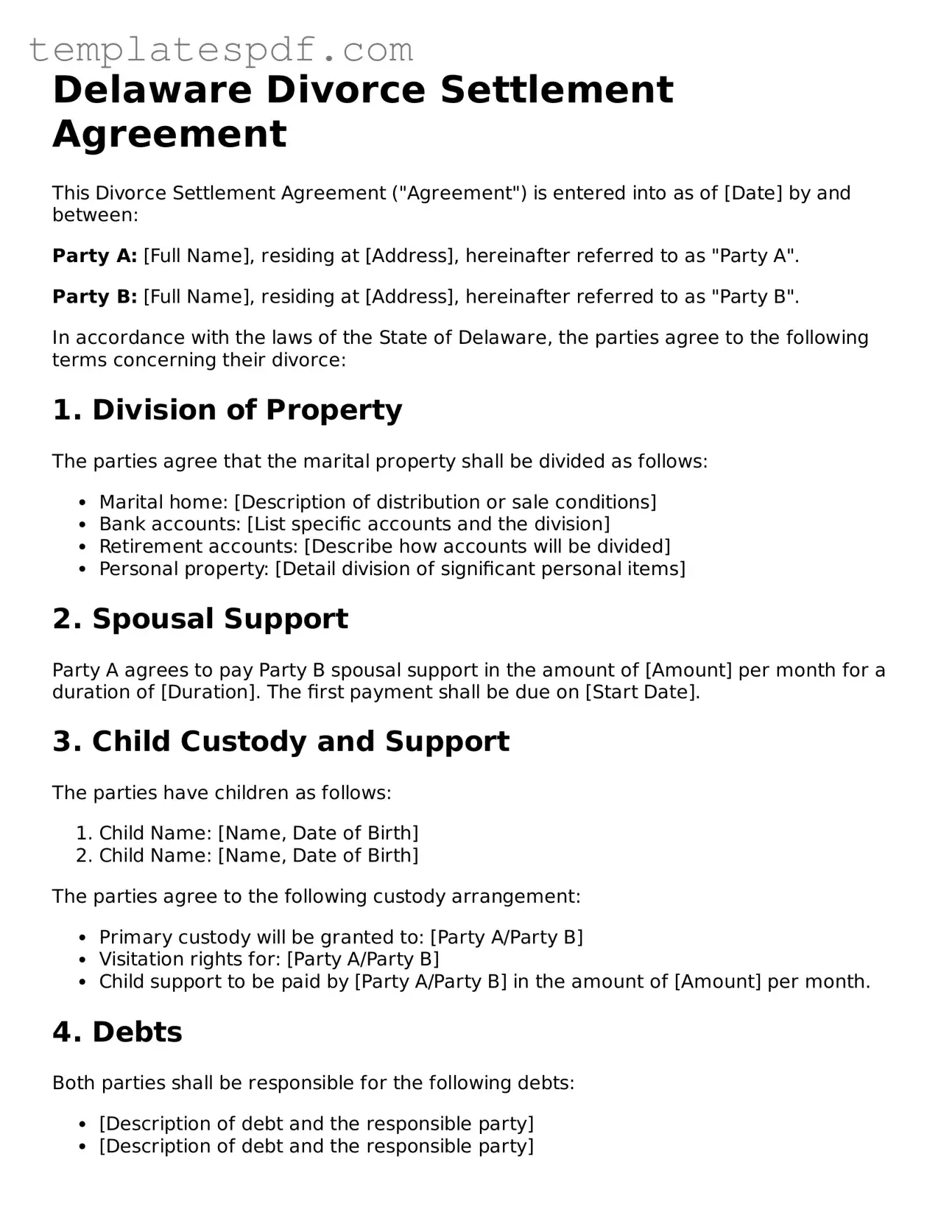 Official  Divorce Settlement Agreement Form for Delaware
