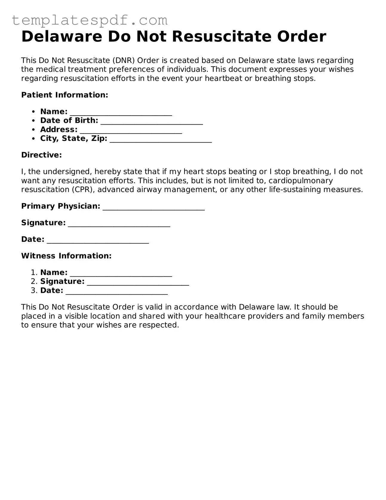 Official  Do Not Resuscitate Order Form for Delaware