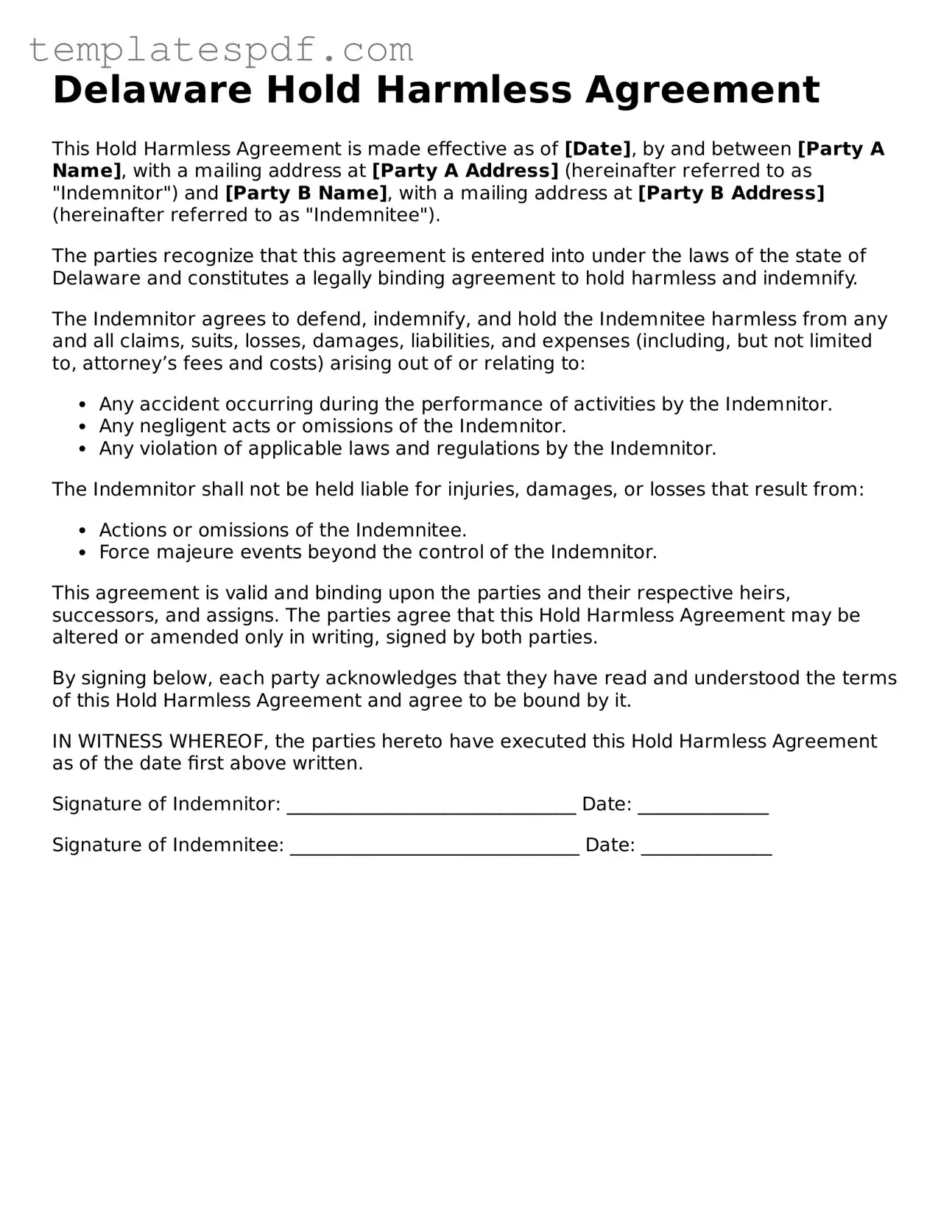 Official  Hold Harmless Agreement Form for Delaware