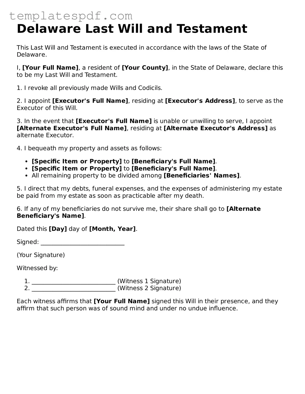 Official  Last Will and Testament Form for Delaware