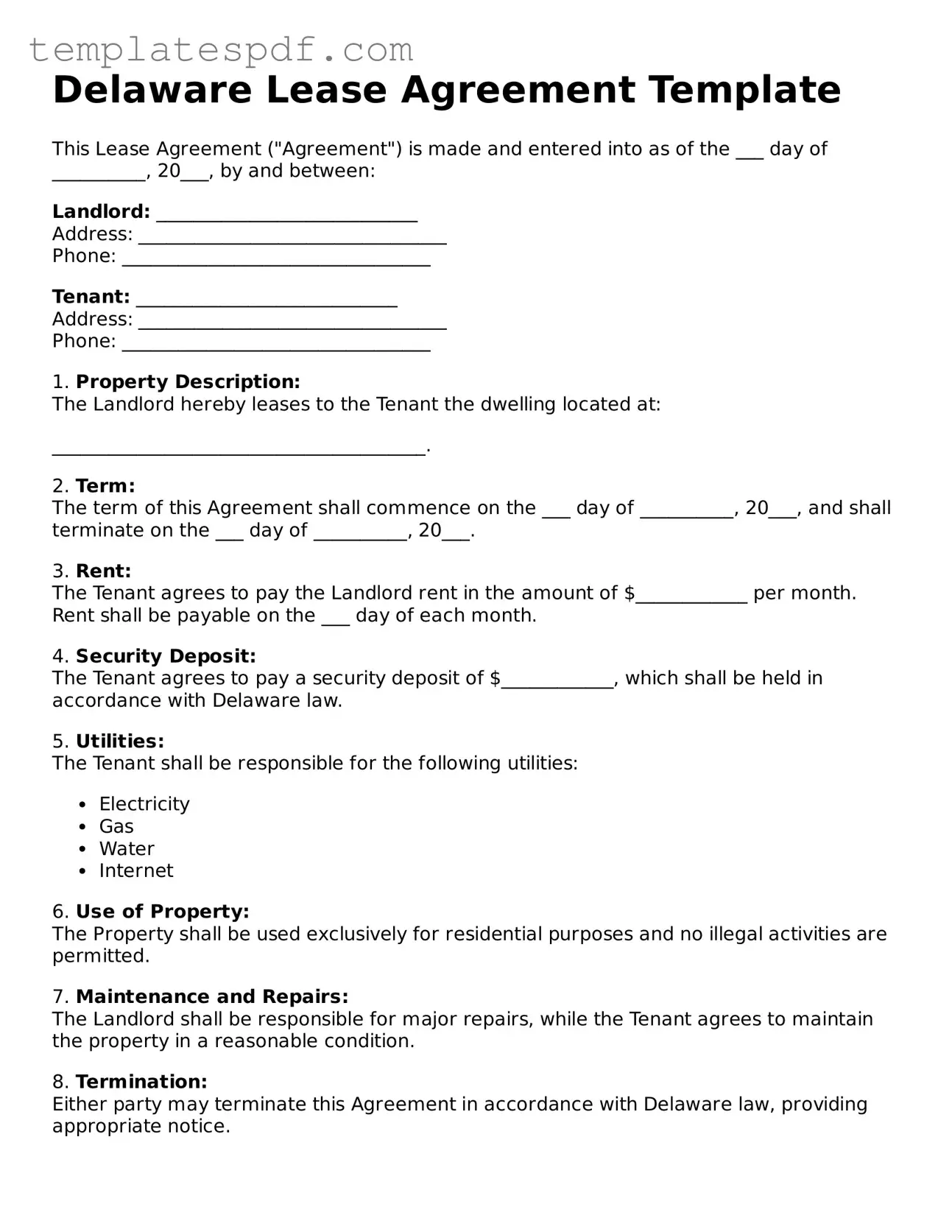 Official  Lease Agreement Form for Delaware