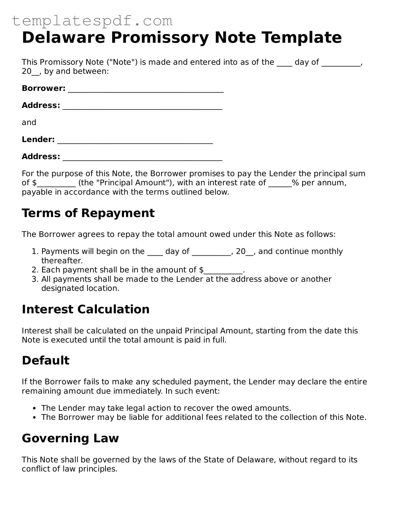 Official  Promissory Note Form for Delaware