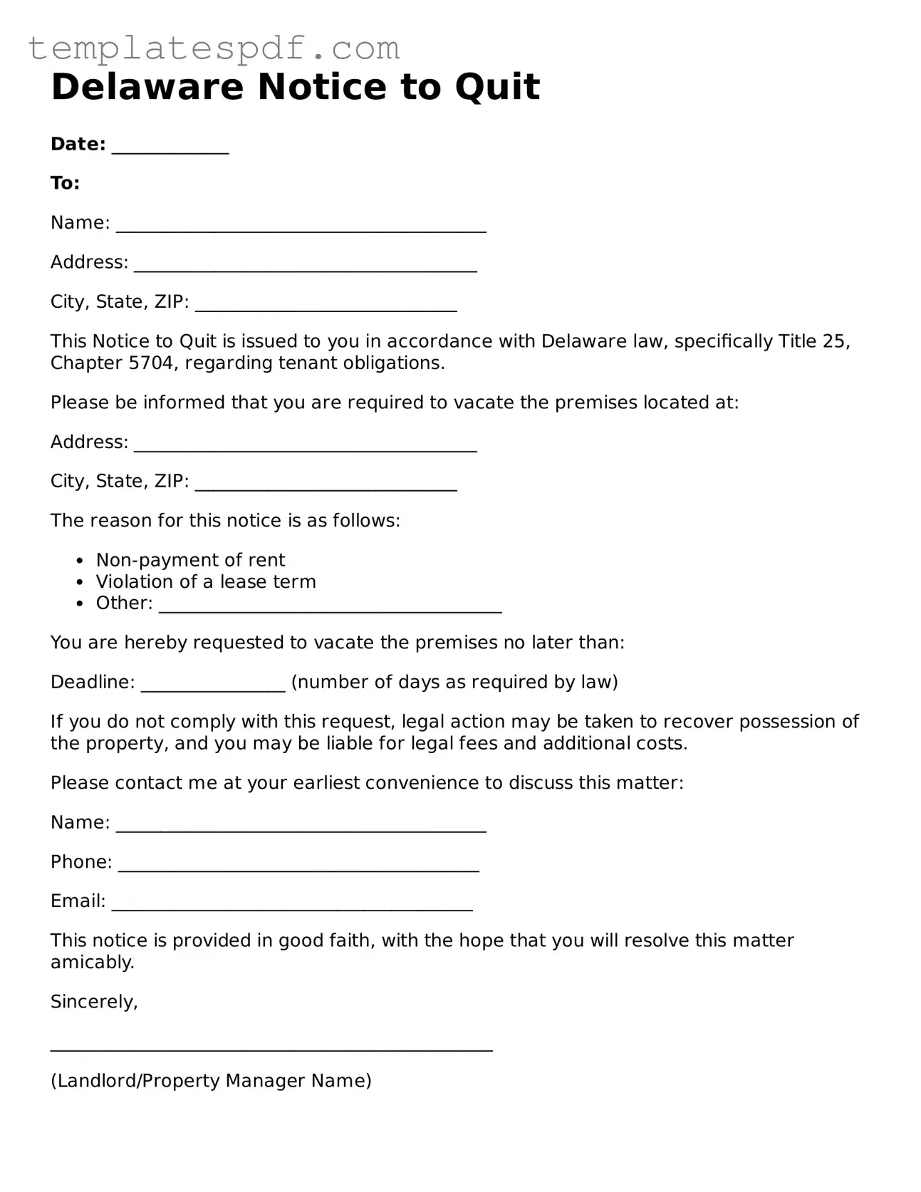 Official  Notice to Quit Form for Delaware