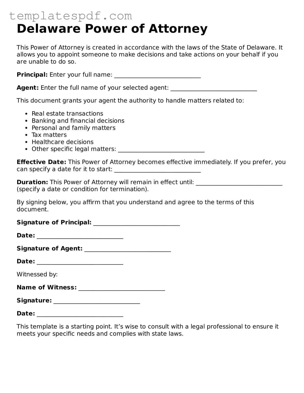 Official  Power of Attorney Form for Delaware