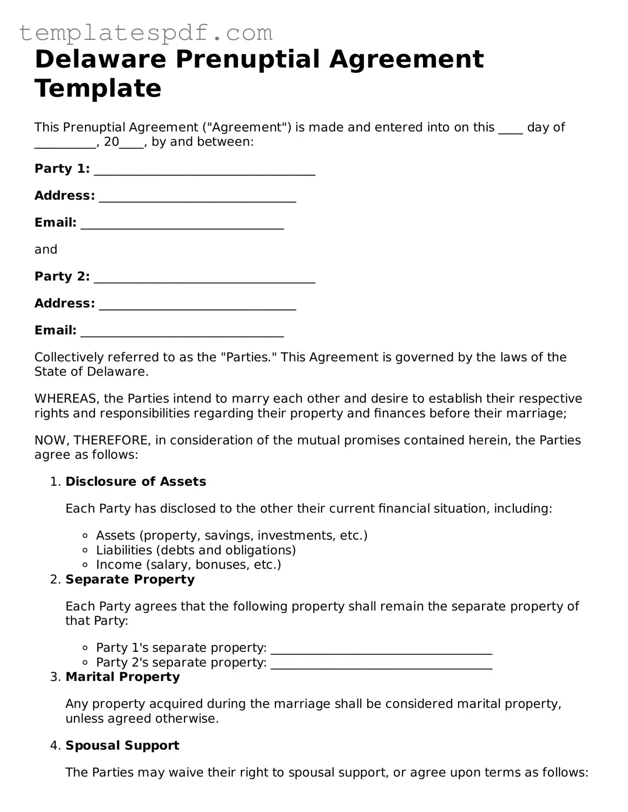 Official  Prenuptial Agreement Form for Delaware