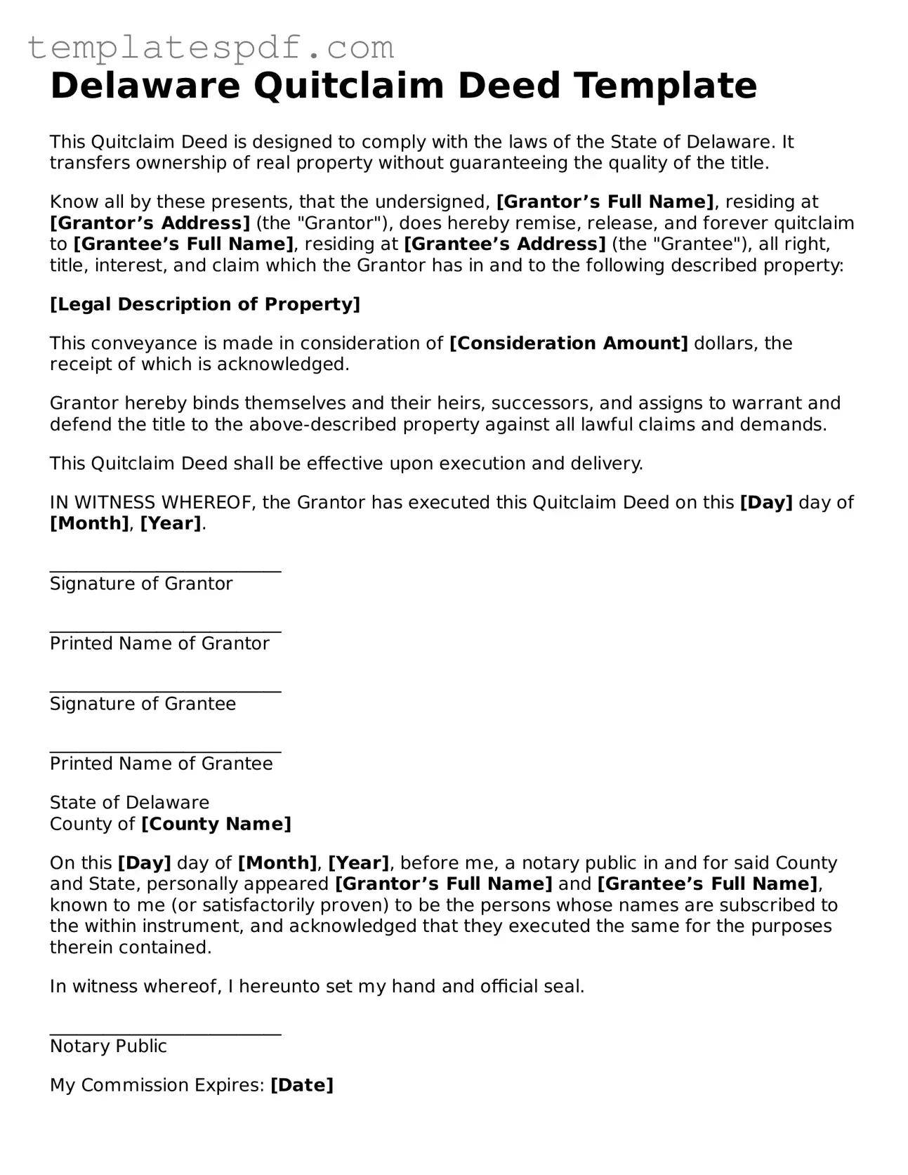 Official  Quitclaim Deed Form for Delaware