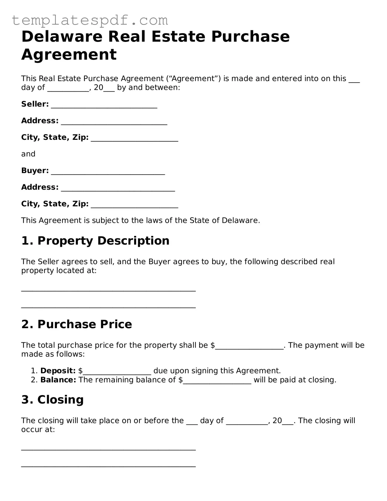 Official  Real Estate Purchase Agreement Form for Delaware