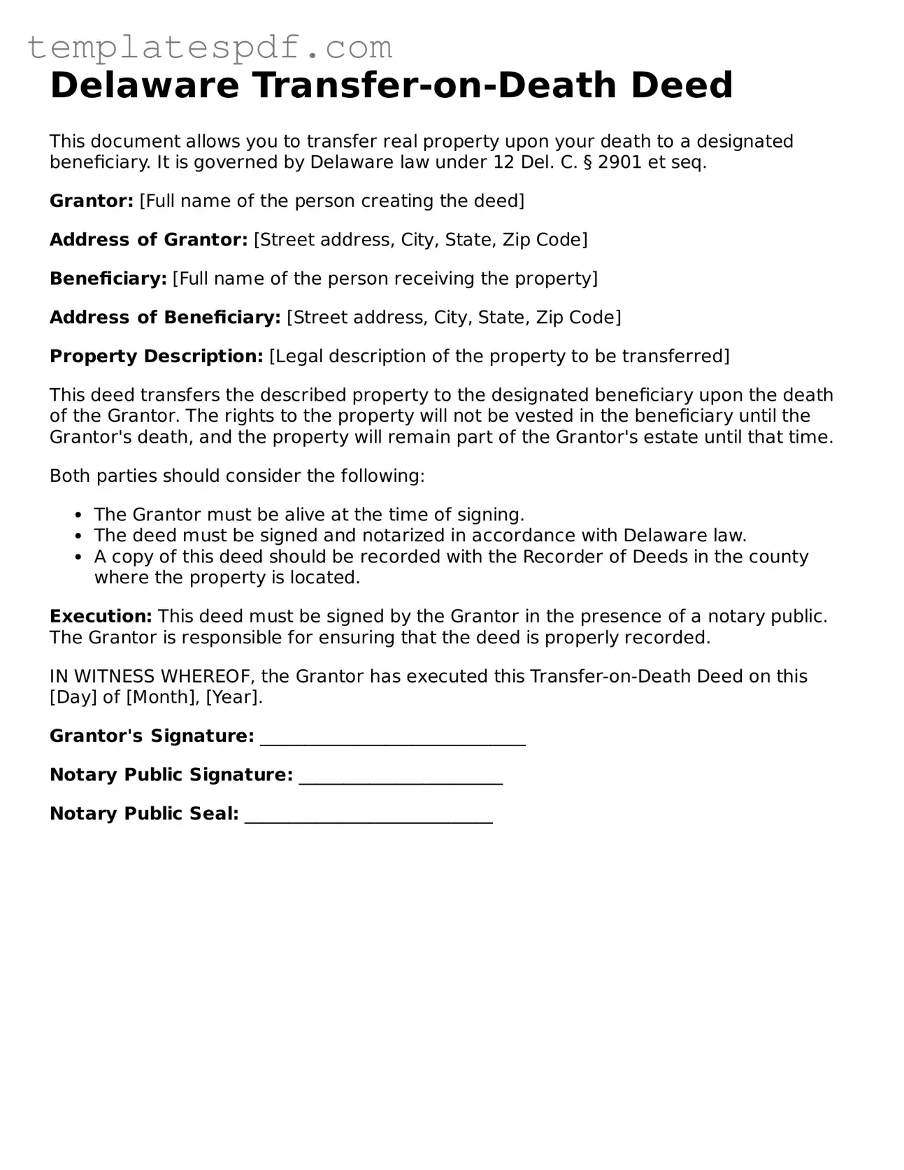 Official  Transfer-on-Death Deed Form for Delaware