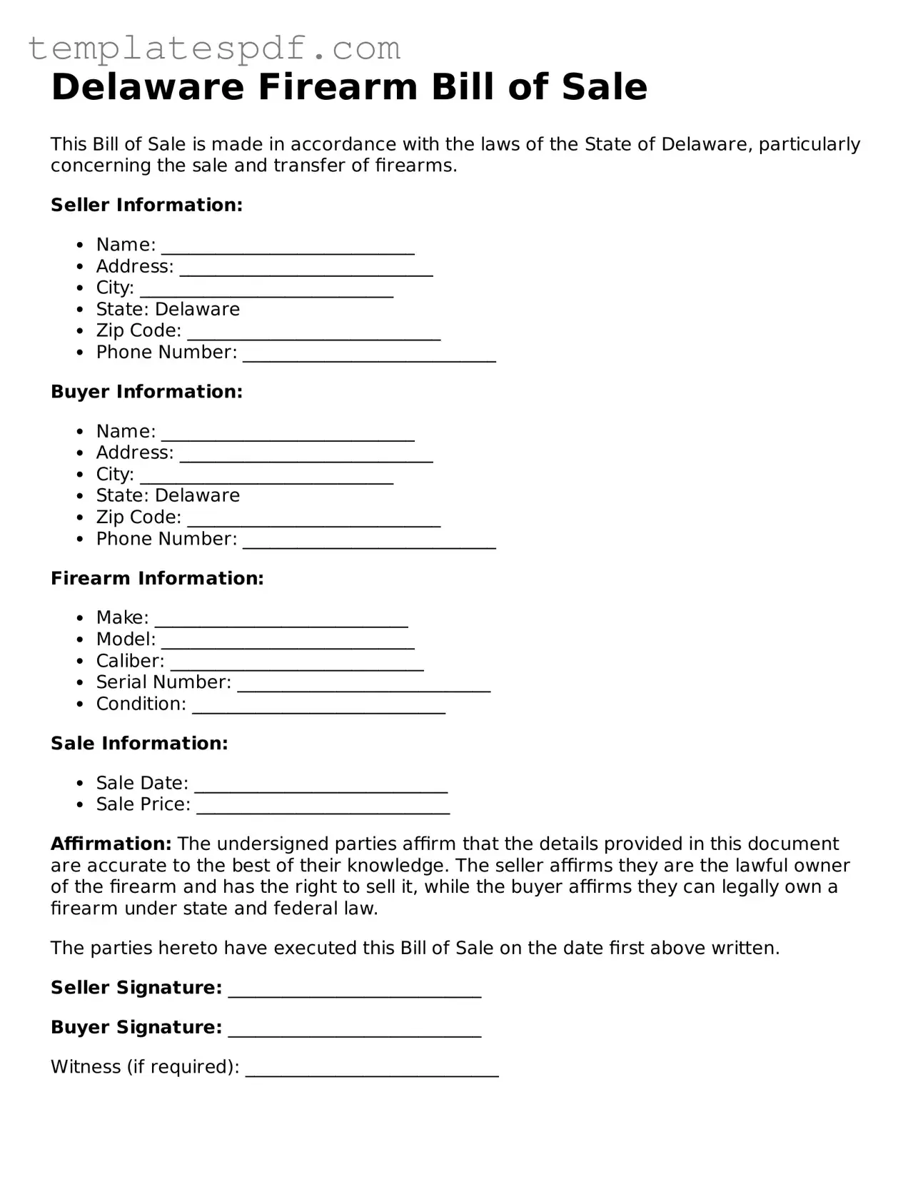 Official  Firearm Bill of Sale Form for Delaware