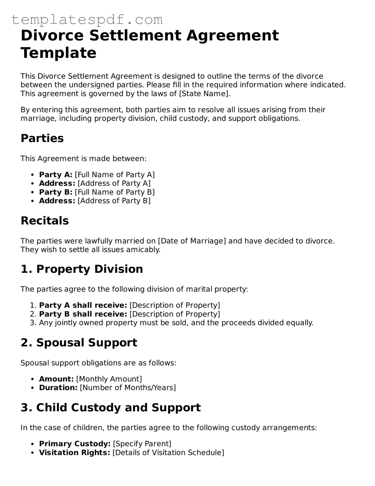 Printable Divorce Settlement Agreement Form
