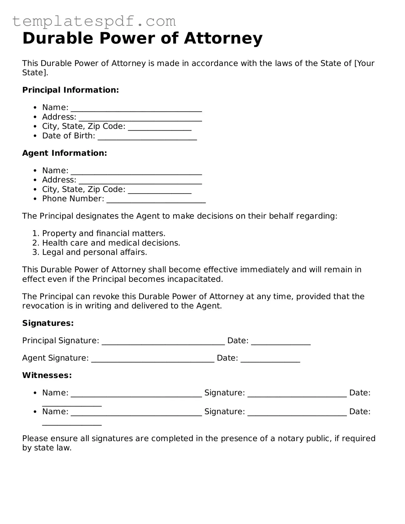 Printable Durable Power of Attorney Form