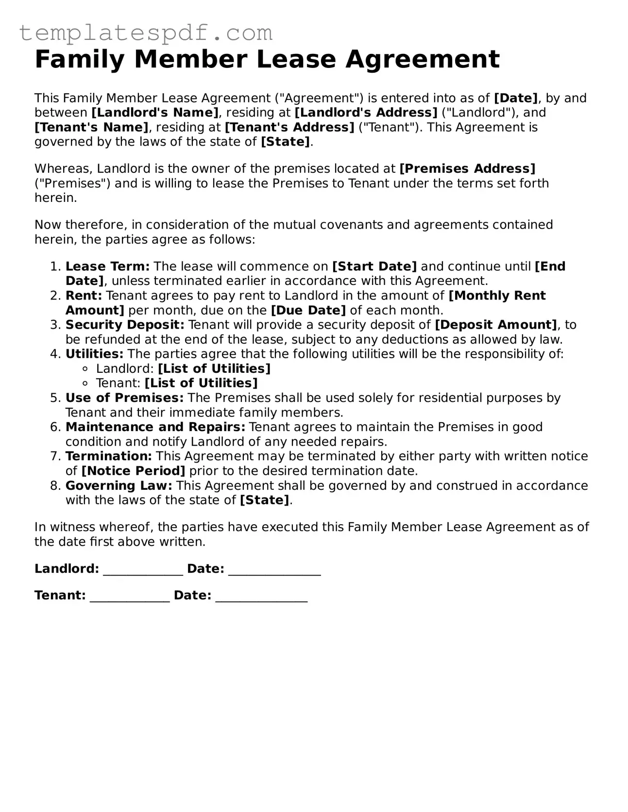 Printable Family Member Lease Agreement Form