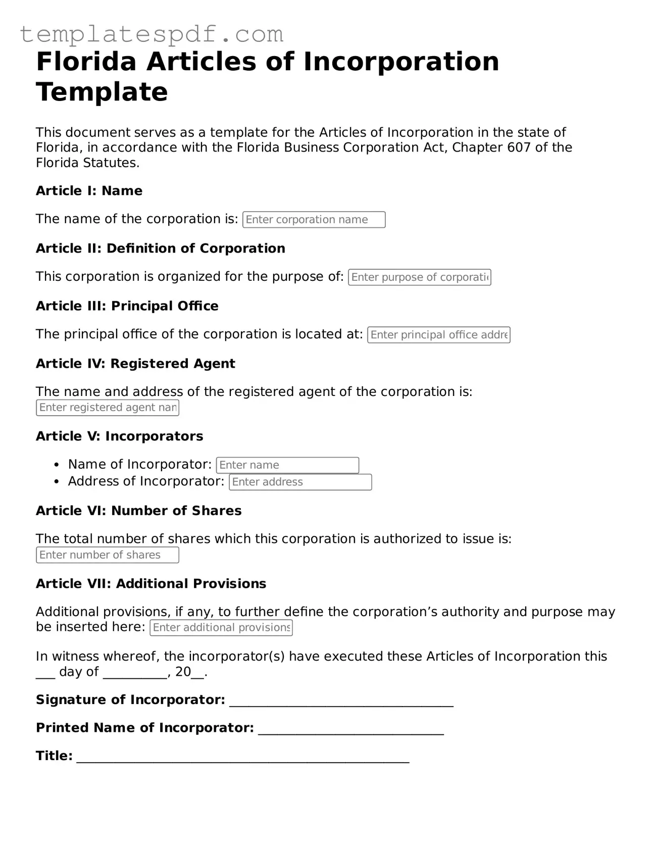 Official  Articles of Incorporation Form for Florida