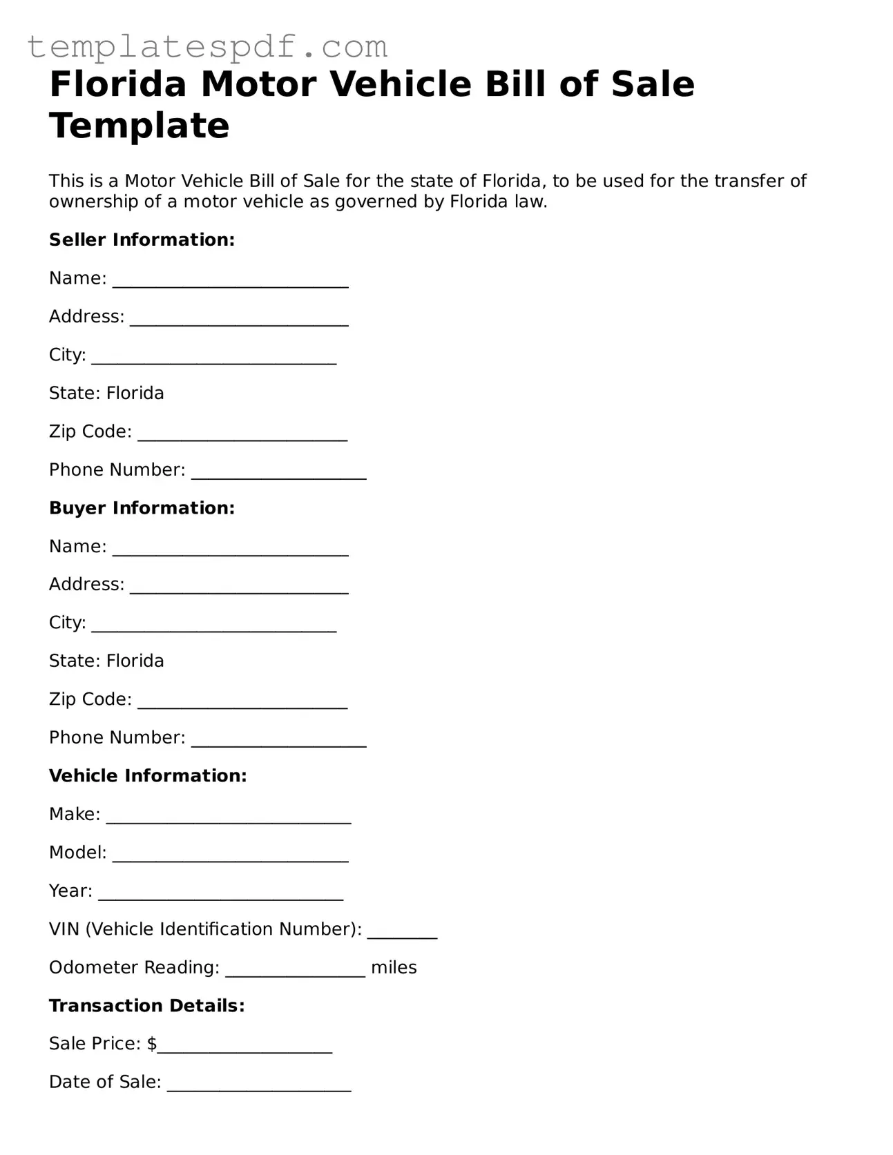 Official  Motor Vehicle Bill of Sale Form for Florida