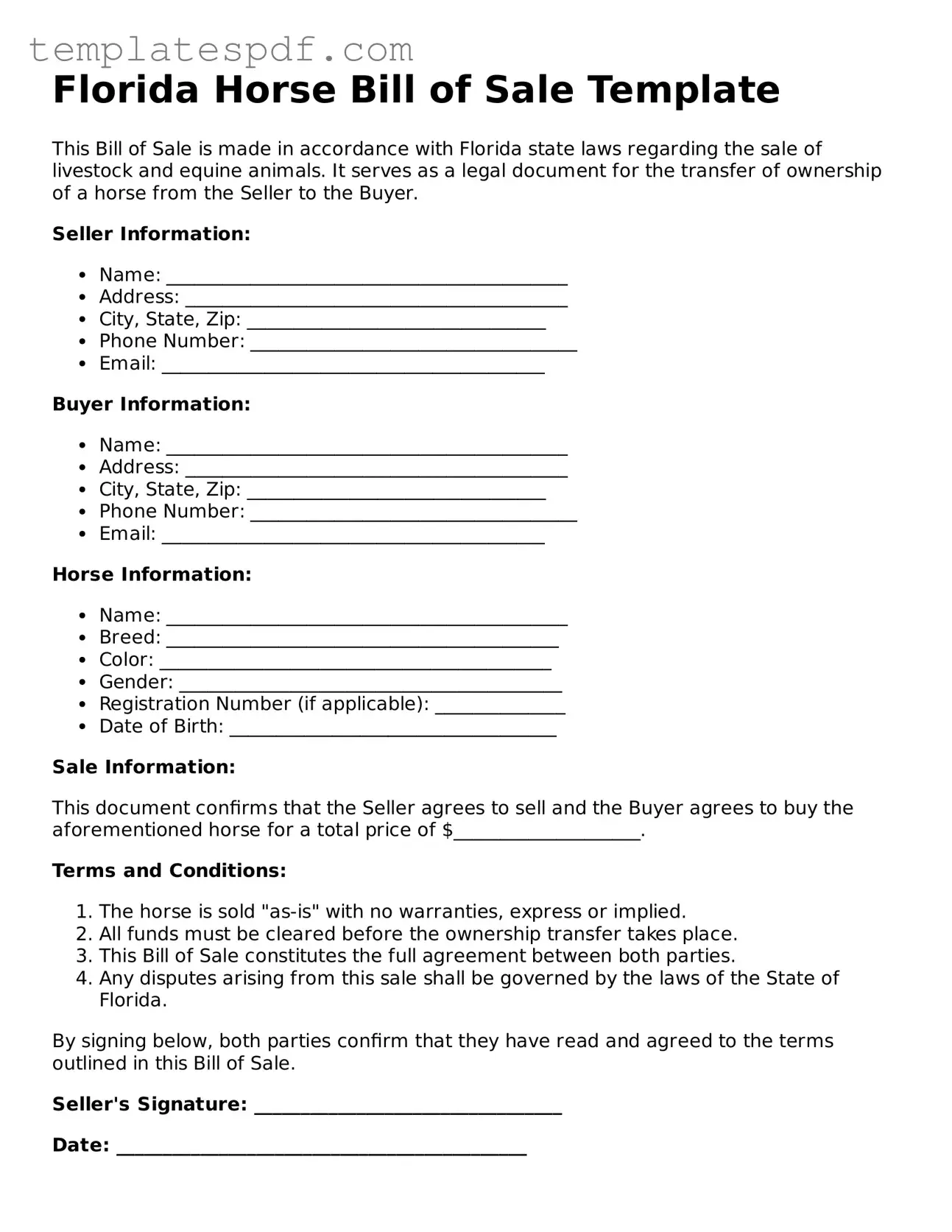 Official  Horse Bill of Sale Form for Florida