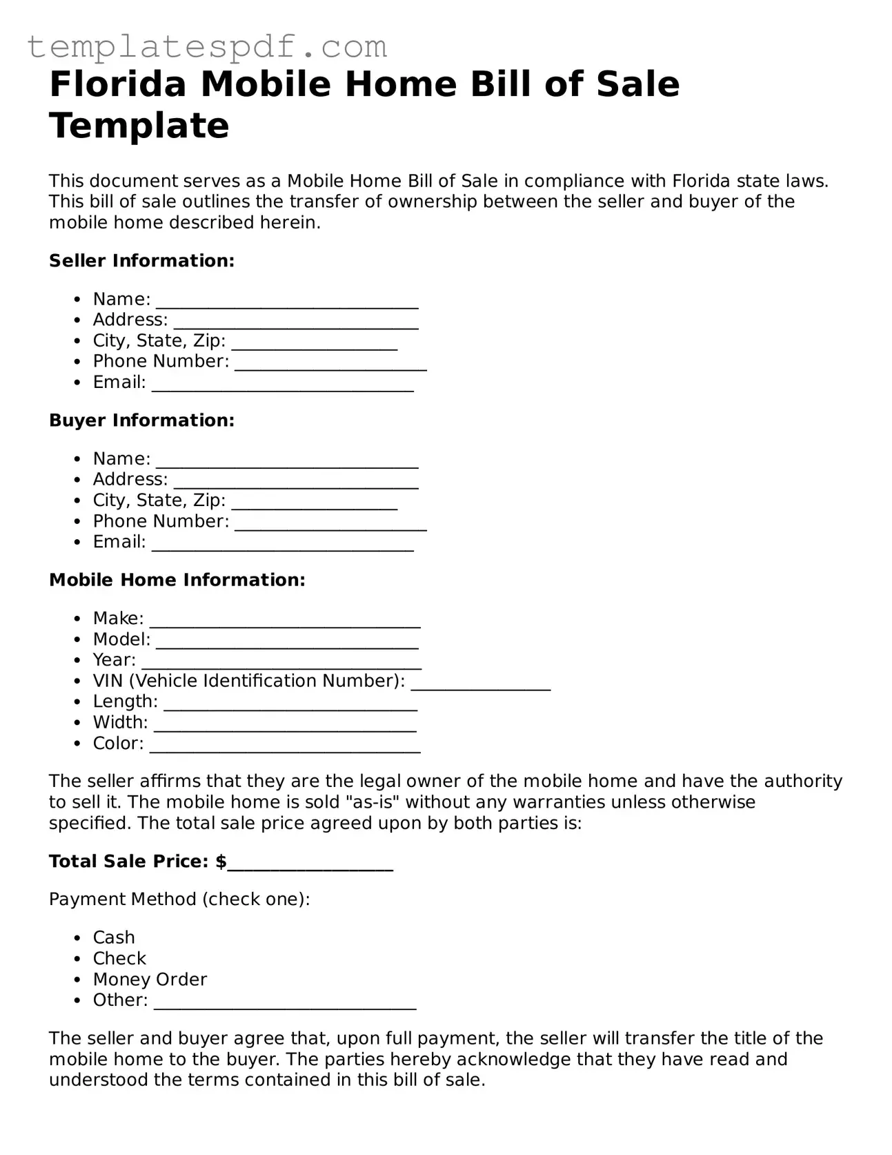 Official  Mobile Home Bill of Sale Form for Florida