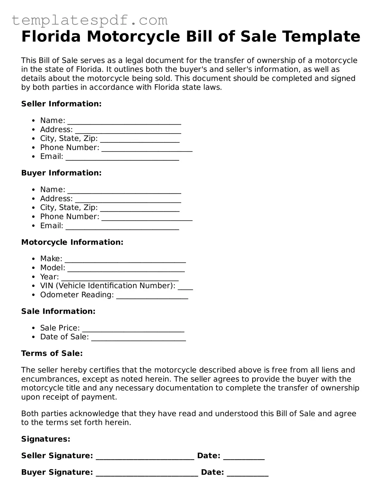 Official  Motorcycle Bill of Sale Form for Florida